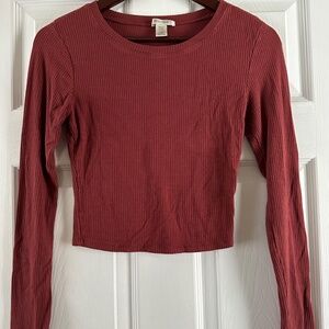 Bozzolo Women's Burgundy Long Sleeve Ribbed Lightweight Crop Top Size M